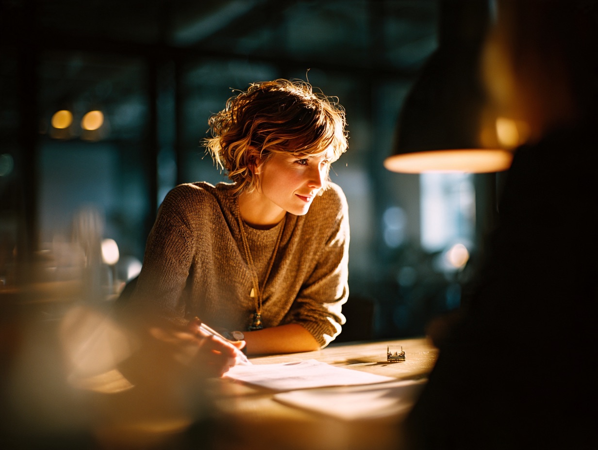 A hiring manager in a brown sweater leans over papers at a lamp-lit table, pen in hand, looking across at someone out of frame.