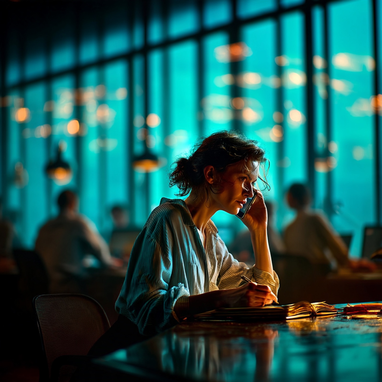 A woman on a phone call at a long desk in an evening office, making notes in an open notebook while colleagues work behind her.