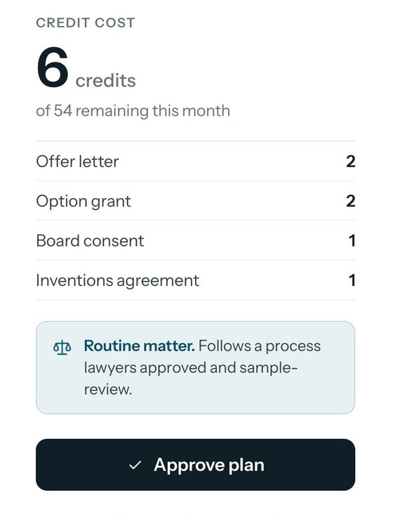 The cost of a hiring matter in FinePrint Counsel, itemised by document, above the Approve plan button.