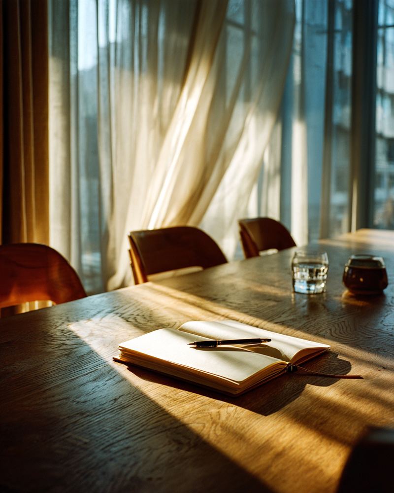 An empty meeting table in morning sun, an open notebook and pen waiting on it.