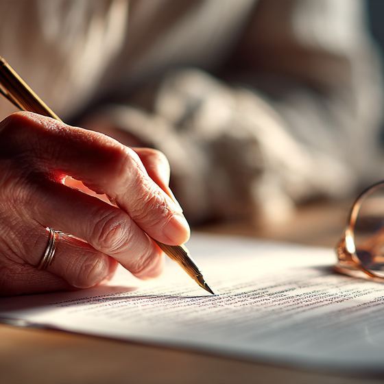 A hand marking a printed page with a pen, reading glasses resting beside it.