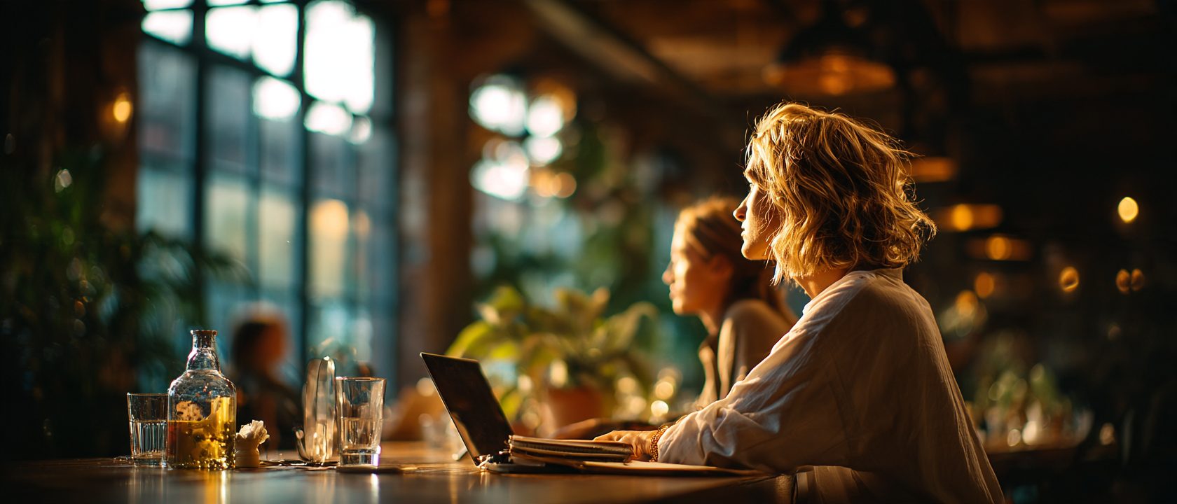Two women at a long shared table in a busy, sunlit open office, a laptop open in front of them, both looking out across the room toward the tall windows.