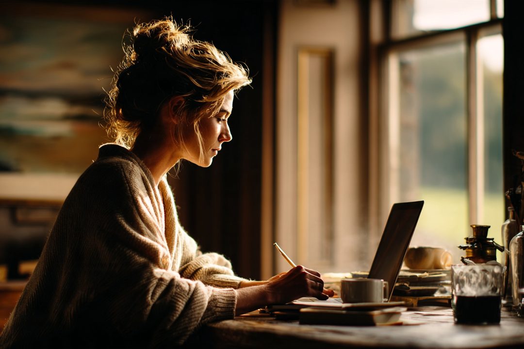 A woman in a cream cardigan writes at a laptop on a wooden table beside a tall window, a pencil in her hand and a cup of coffee by the screen.