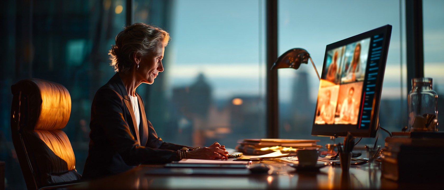 A woman in a dark jacket at her desk on a video call, four faces on the monitor beside her, a tall window behind her looking over the city at dusk.