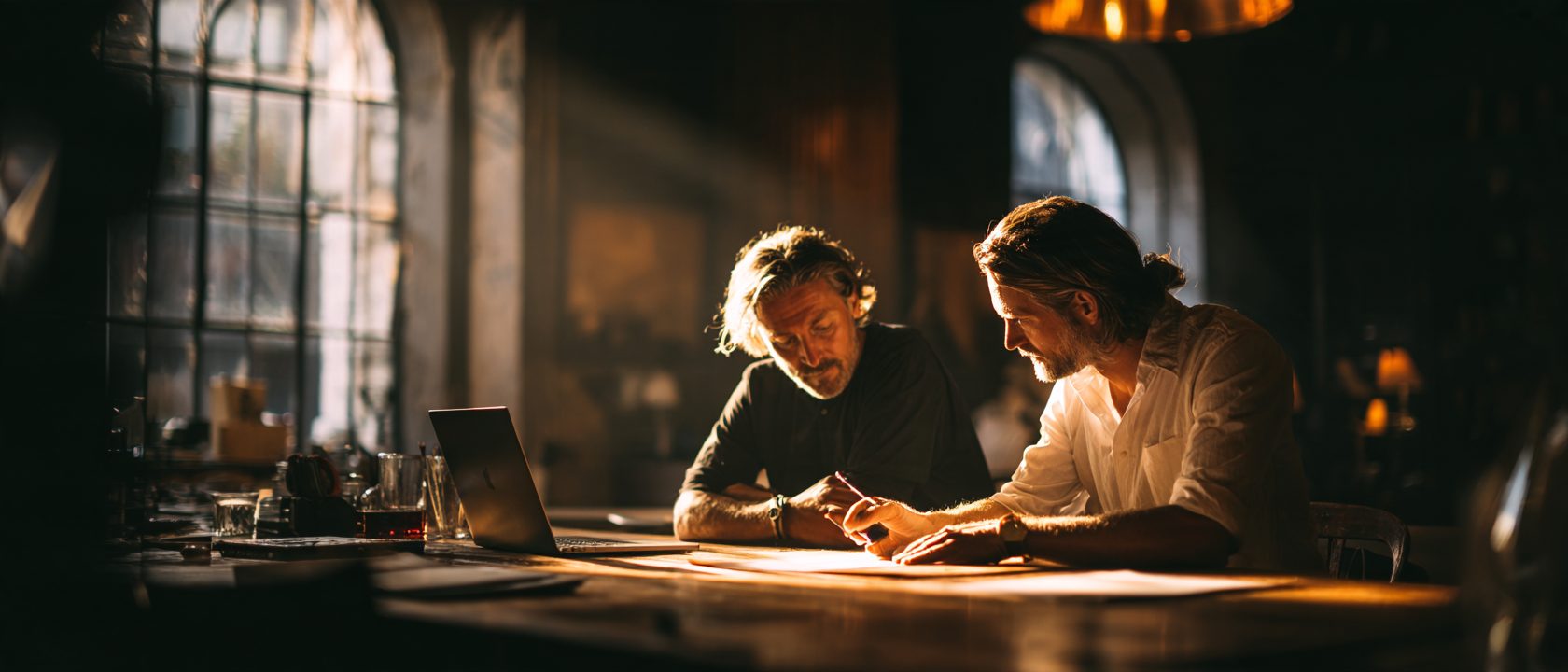 Two founders working side by side at a long wooden table under arched windows, papers and a laptop between them.