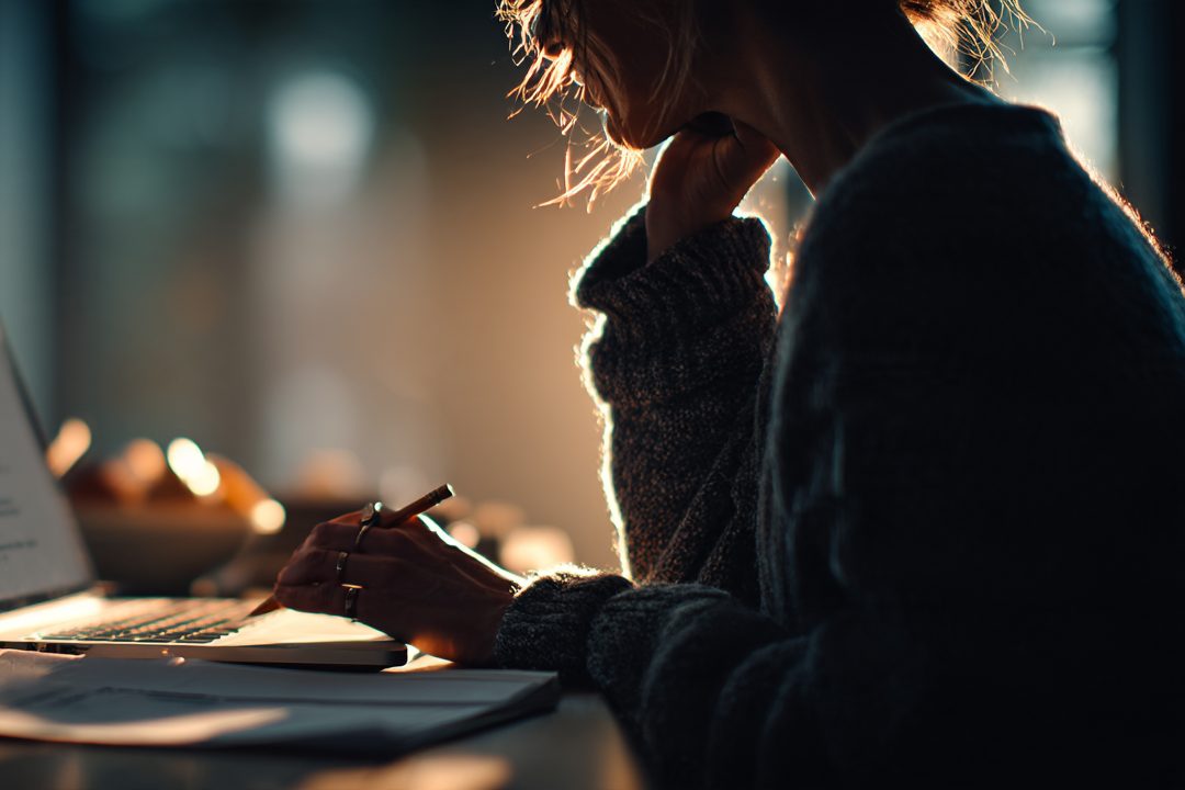 Over the shoulder of a woman at a laptop, taking notes in pencil beside a stack of papers.