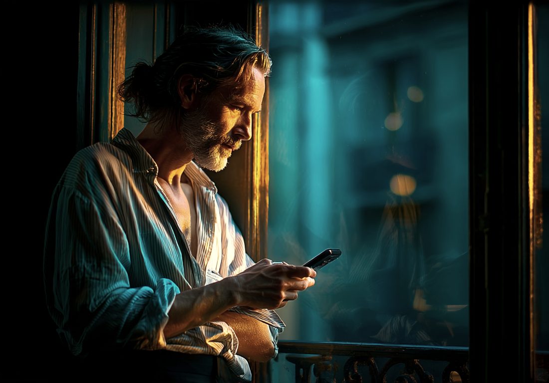 A man in a striped shirt stands at a tall window at dusk, typing a reply on his phone.