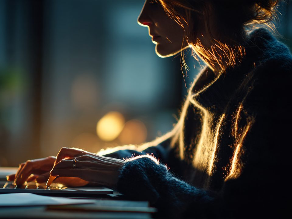 Late in the evening, a woman types at a laptop on a dark desk, its screen the only light.