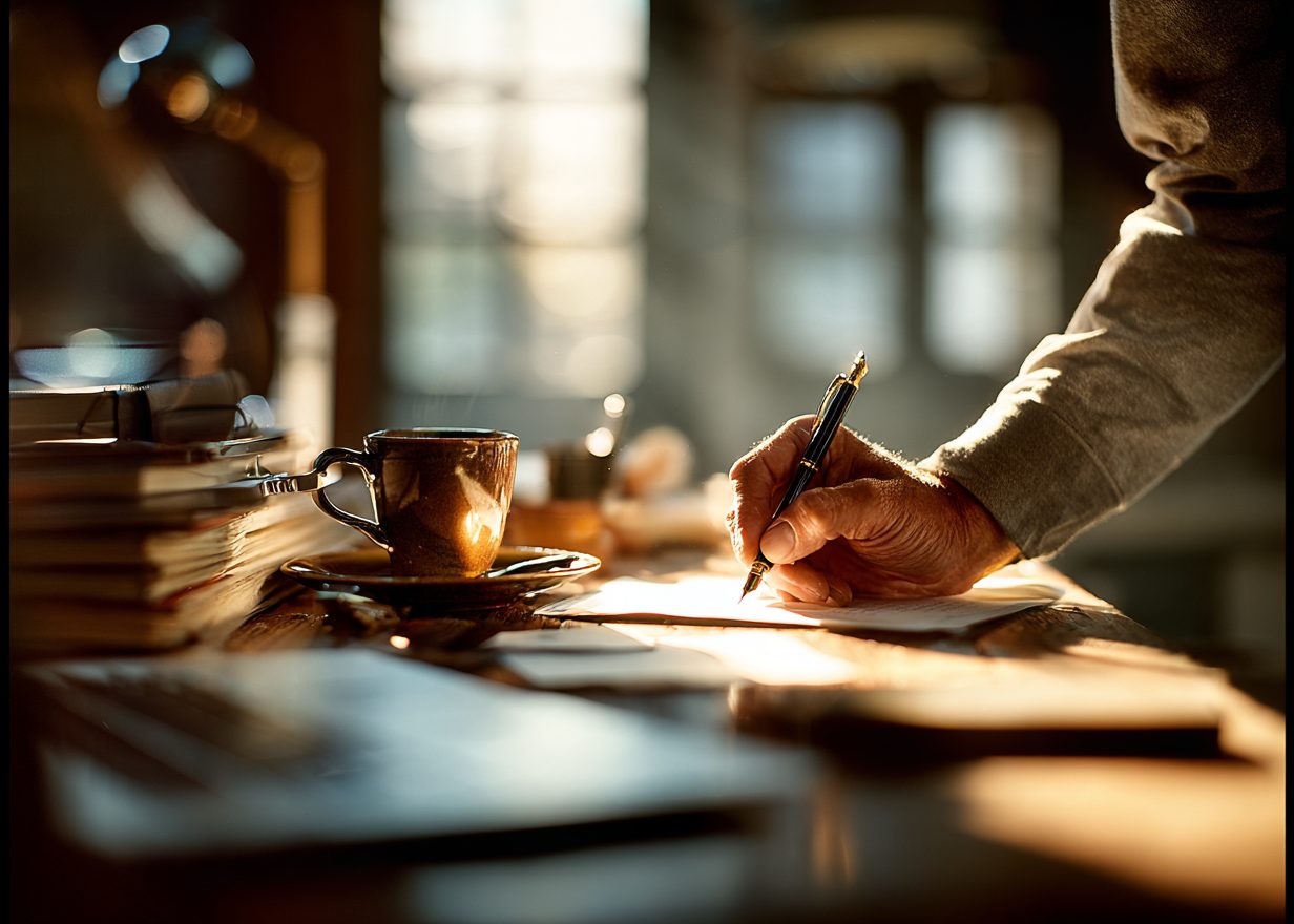 A lawyer's hand writing a note on a printed page beside a cup of coffee and a stack of files.