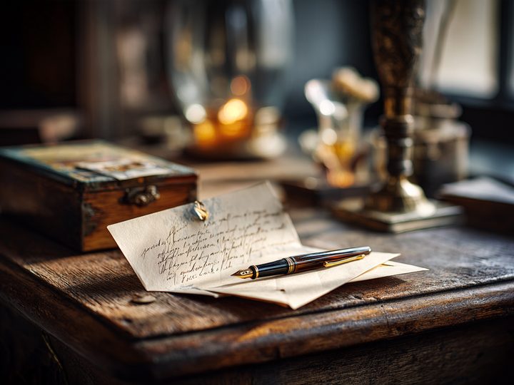 A handwritten note and a small wooden box on a desk in window light.