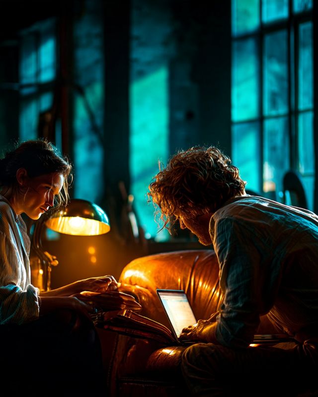 Two colleagues work late by a desk lamp beside tall blue windows, one at a laptop on a leather sofa.