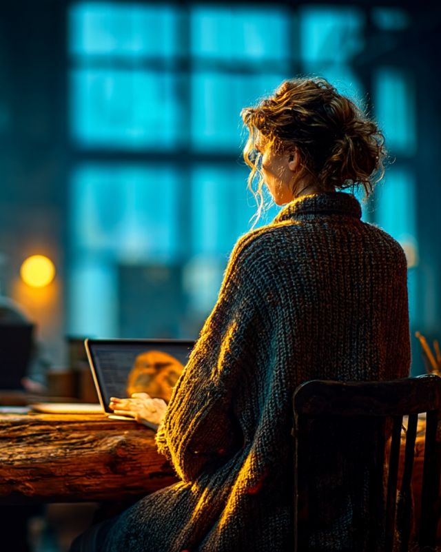A woman in a knitted cardigan sits at a long wooden table with her laptop, tall blue-lit windows in front of her.