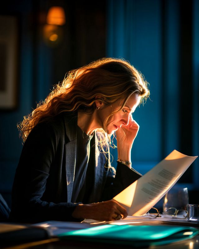 A woman in a dark blazer reads a printed page at her desk in the evening, one hand at her temple.