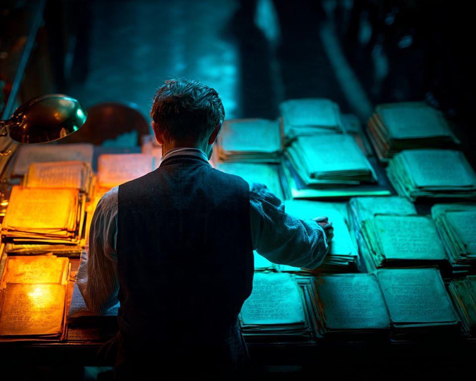 A man seen from behind at a long table covered in rows of paper records, some glowing amber under a desk lamp, the rest lit blue.