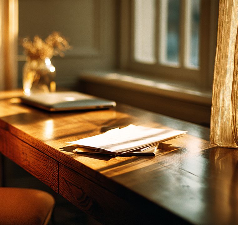 An empty desk by a curtained window in late sun, a closed laptop and a few papers waiting on it.