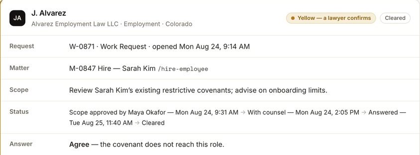 A lawyer’s review in FinePrint: J. Alvarez of Alvarez Employment Law, the request, matter and scope, and the answer “Agree — the covenant does not reach this role.”