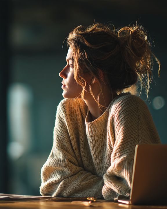A founder at a window table, chin on her hand, thinking, an open laptop beside her.