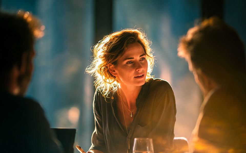 A team lead talking through a point with two colleagues across a meeting table in warm evening light.