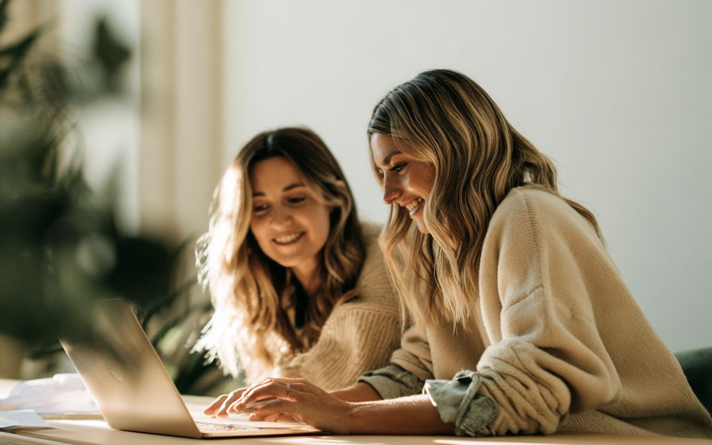 Two founders laughing as they work through a document on a laptop at a sunlit table.
