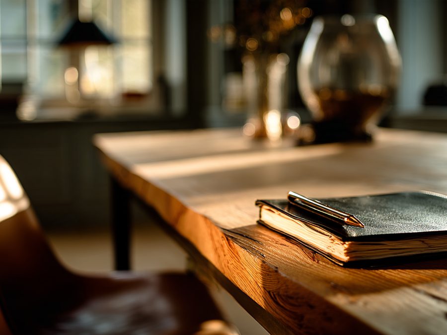 A long oak desk by a window in warm light, a notebook resting on it.