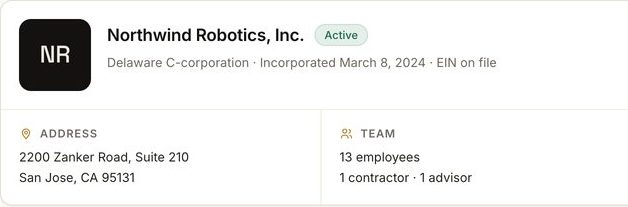 The company snapshot in a FinePrint Legal Room: the company name, its state and date of incorporation, its address and its team.
