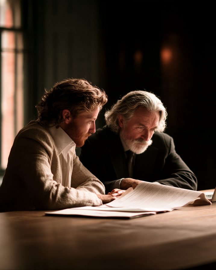 Two founders at a long wooden table by a window, reading papers beside an open laptop.
