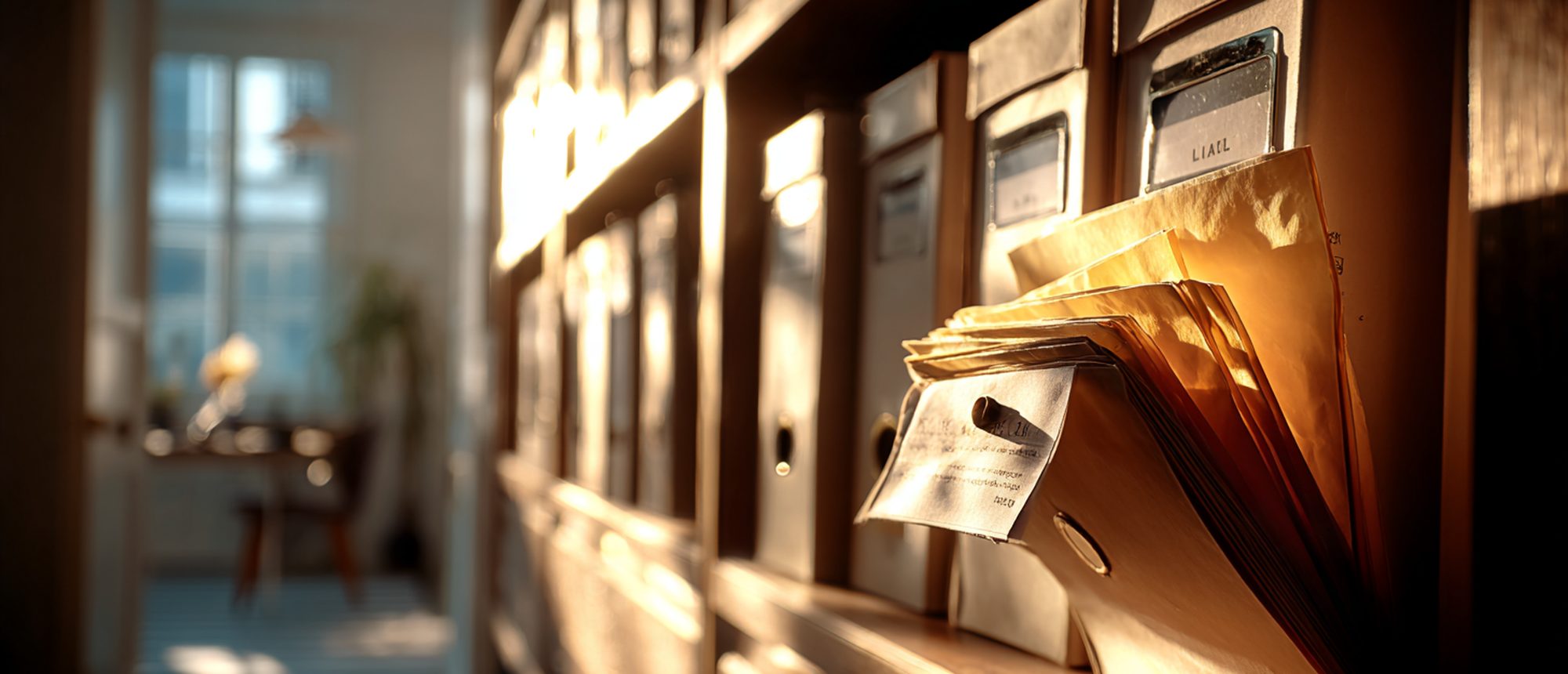 Wooden shelves of file boxes and folders along a sunlit archive room.