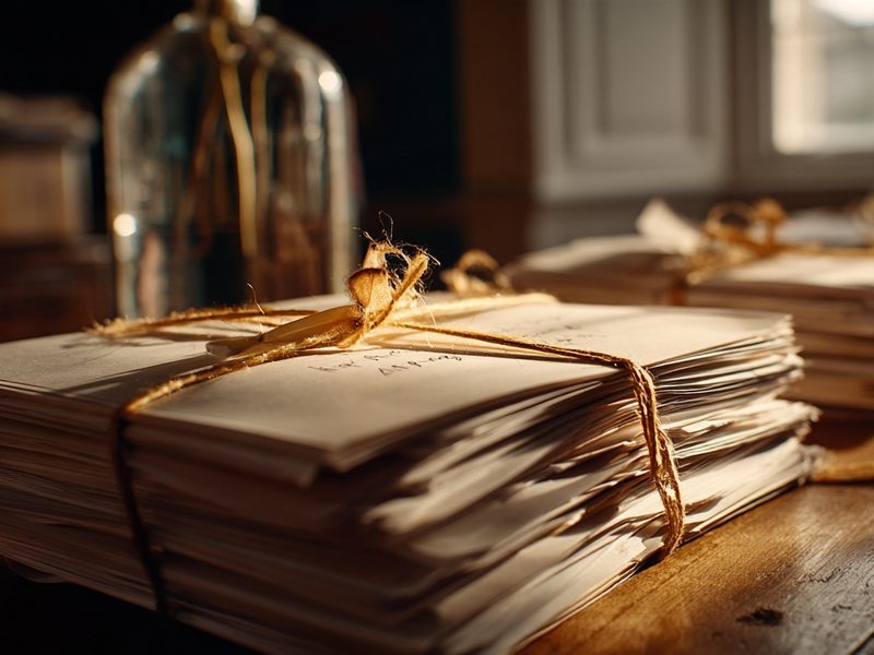 Bundles of papers tied with string on a long table in window light.