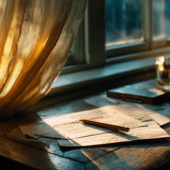 A quiet desk by a window with an open notebook in late light.