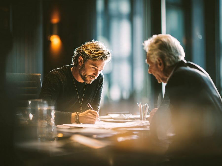 A founder and an older lawyer talking across a table with papers between them.