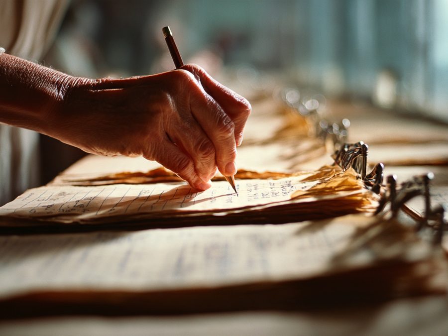 A hand marking a bound set of papers with a pen on a long table.