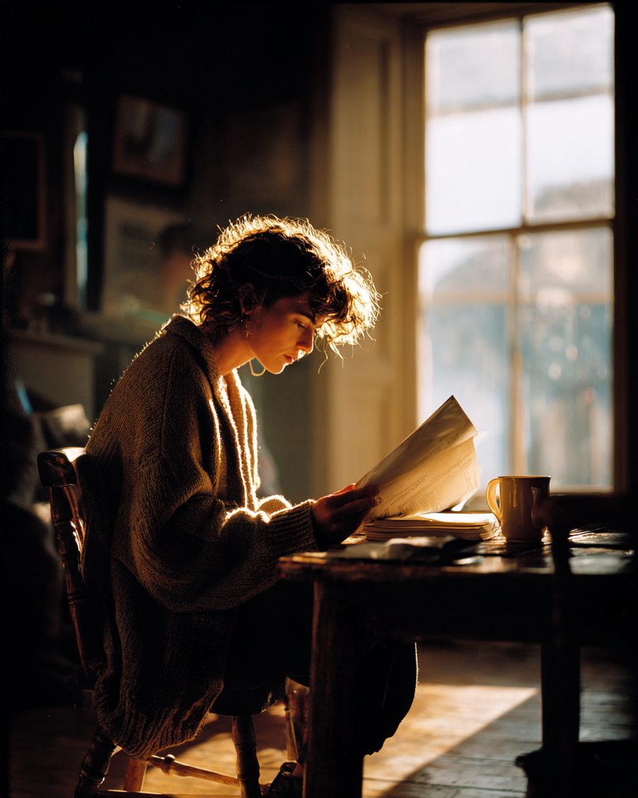 A founder reading a printed agreement at a desk by a window.