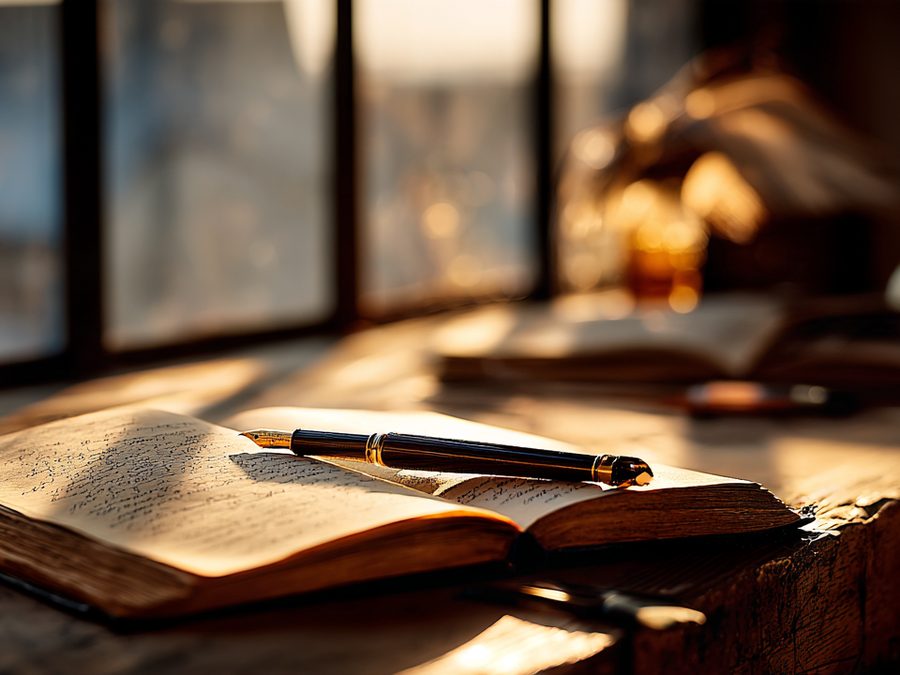 An open book on a wooden desk by sheer curtains in afternoon sun.