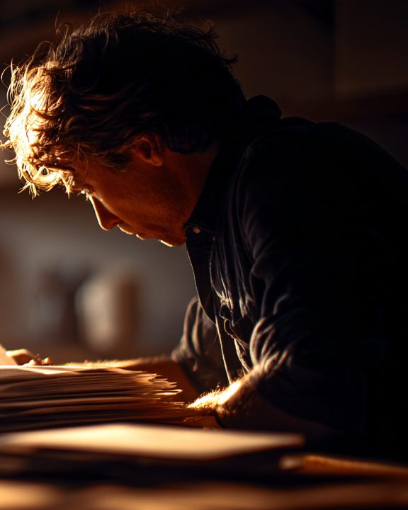 A founder bent over an open book at a kitchen table in morning light, a cup of coffee beside the book.