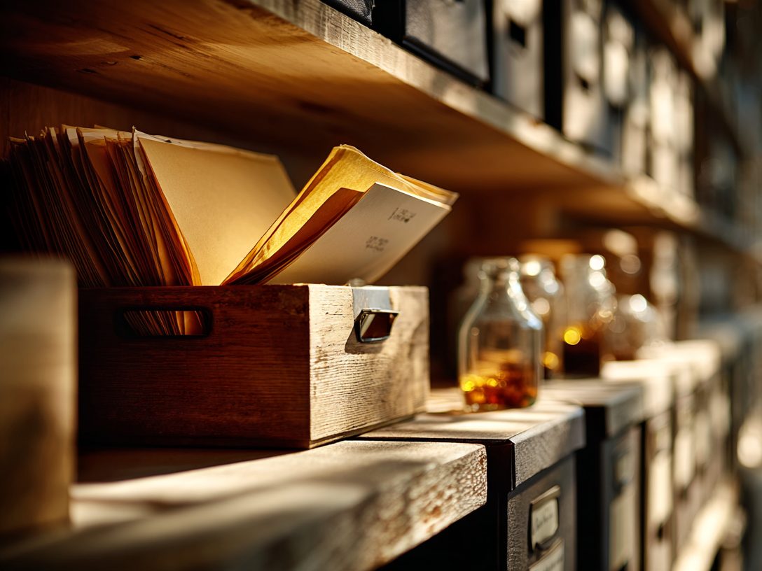 A wall of wooden file boxes and drawers in soft window light, one box open to its folders.