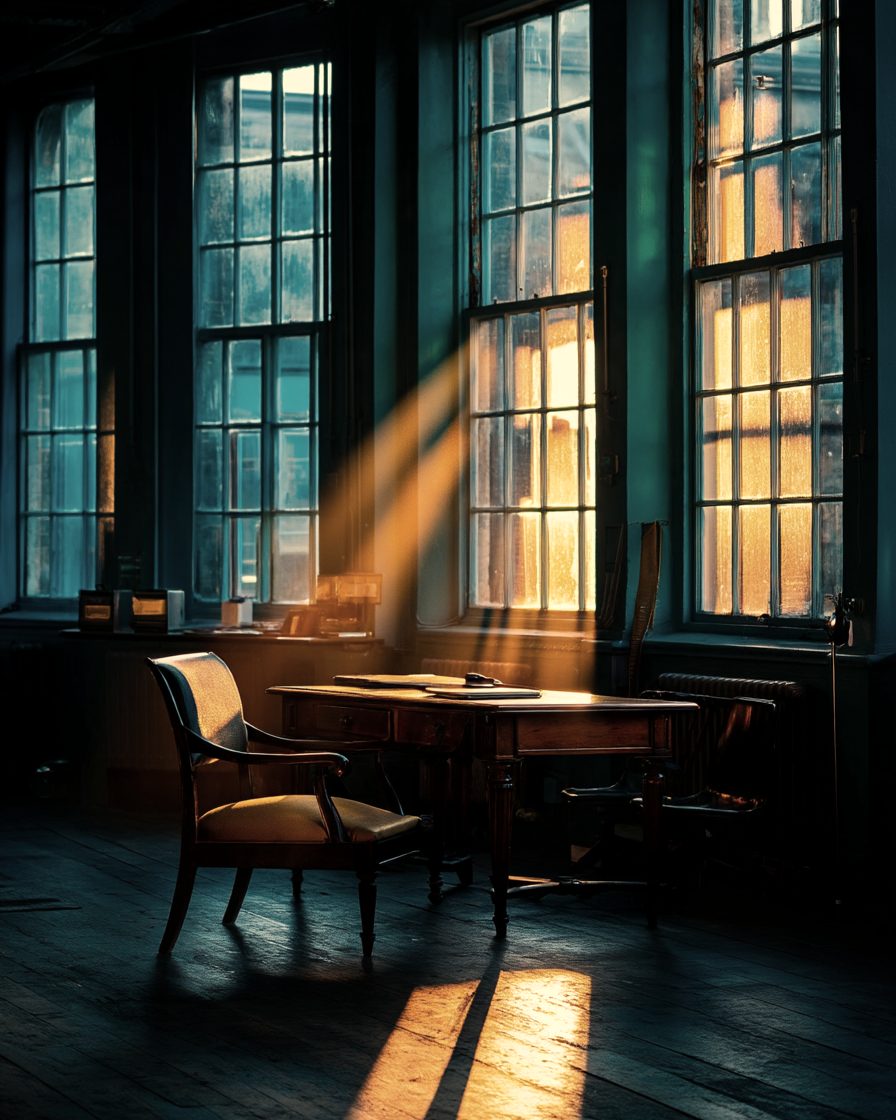 An empty small-company office at dusk, a chair and desk lit by low sun through tall windows.