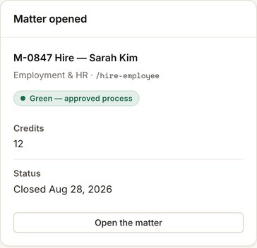 A matter card from FinePrint Counsel: M-0847 Hire, Employment and HR, marked Green, approved process, closed August 28, 2026.