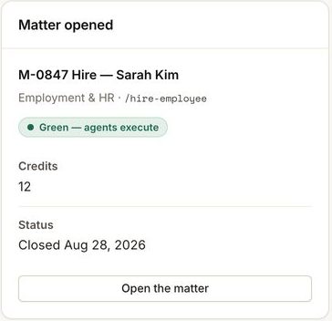 A matter card from FinePrint Counsel: M-0847 Hire, Employment and HR, marked Green, agents execute, 12 credits, closed August 28, 2026.