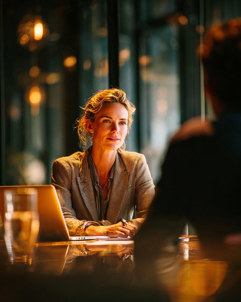A woman at a laptop in a dim, warm office, smiling as she listens across the table.