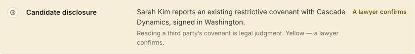 One check on a hiring matter in FinePrint: the candidate's disclosed covenant, marked Yellow, a lawyer confirms.